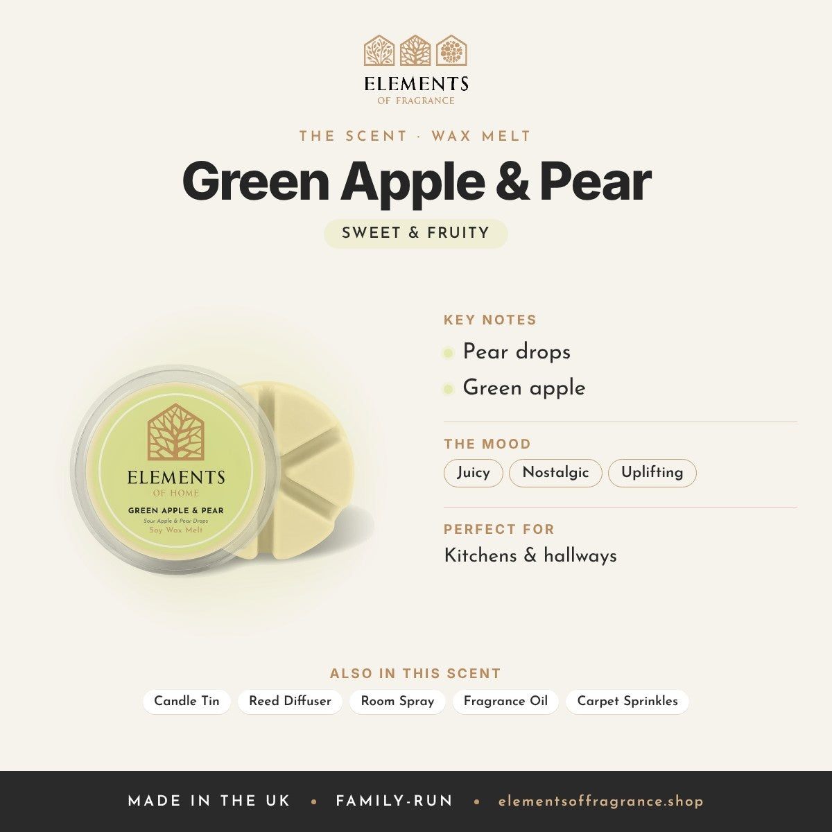Green Apple & Pear Wax Melt scent profile: sweet & fruity with notes of pear drops, green apple