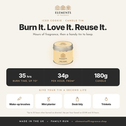 Iced Cookie Candle Tin: up to 35 hours burn time, from 34p per hour, reusable tin