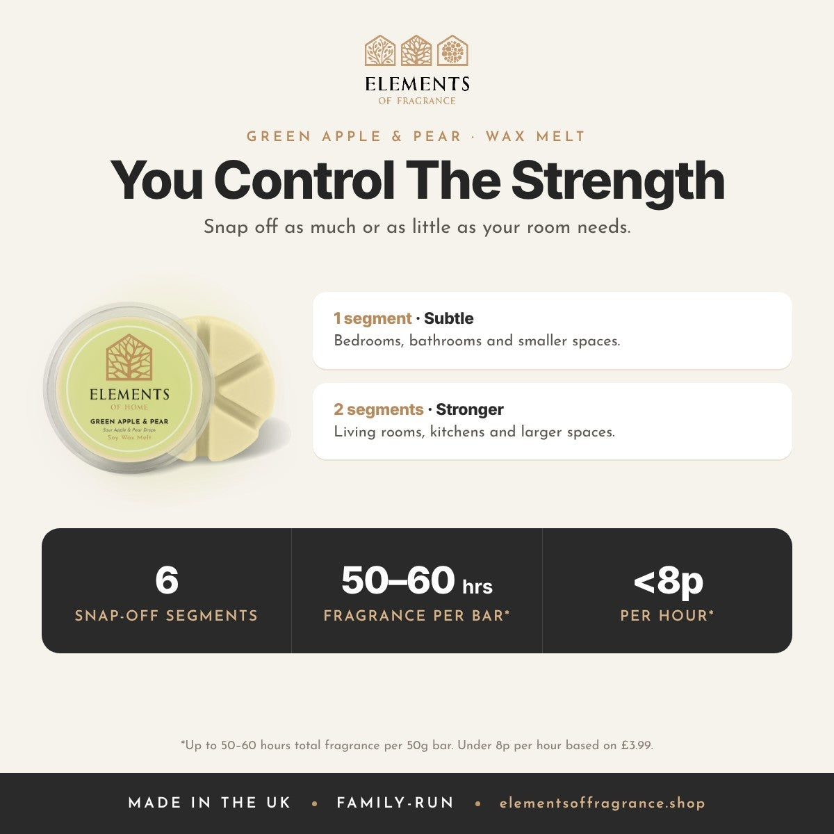 Green Apple & Pear Wax Melt: strength guide, 1 segment for subtle, 2 for stronger, up to 50 to 60 hours per bar