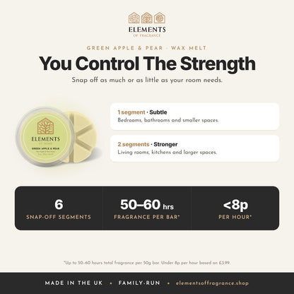 Green Apple & Pear Wax Melt: strength guide, 1 segment for subtle, 2 for stronger, up to 50 to 60 hours per bar