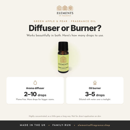 Green Apple & Pear Fragrance Oil: diffuser or burner guide, 2 to 10 drops in a diffuser, 3 to 5 drops in a burner