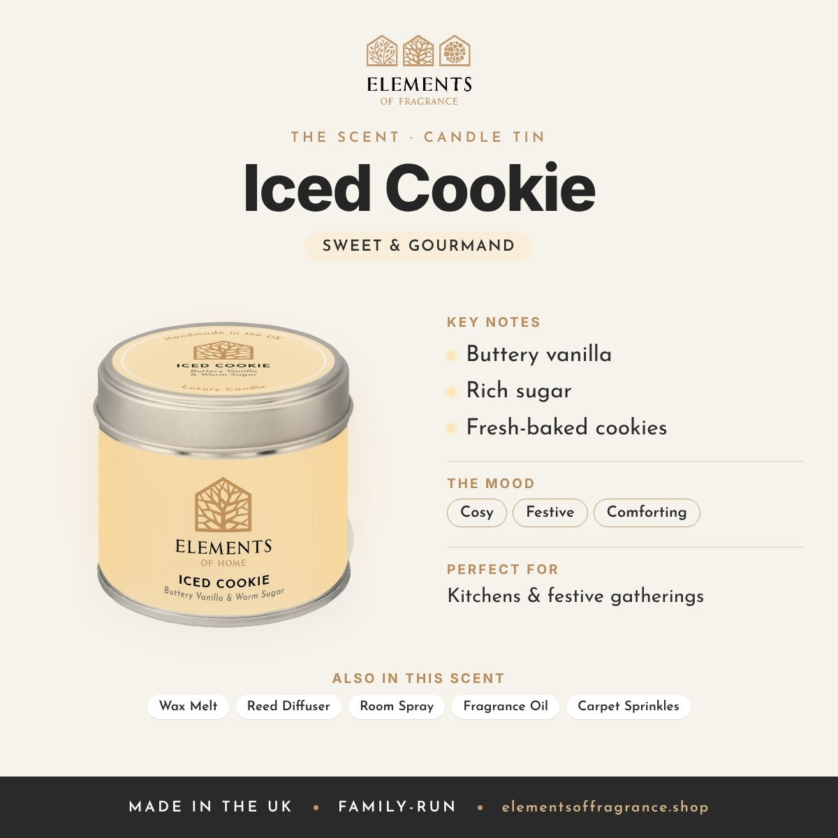 Iced Cookie Candle Tin scent profile: sweet & gourmand with notes of buttery vanilla, rich sugar, fresh-baked cookies
