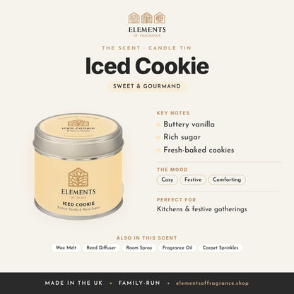 Iced Cookie Candle Tin scent profile: sweet & gourmand with notes of buttery vanilla, rich sugar, fresh-baked cookies