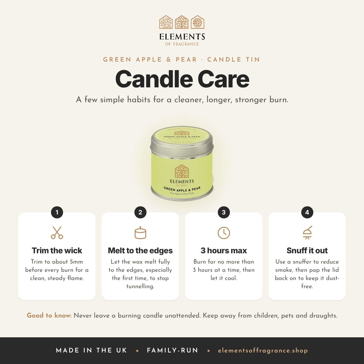 Candle care tips for the Green Apple & Pear Candle Tin