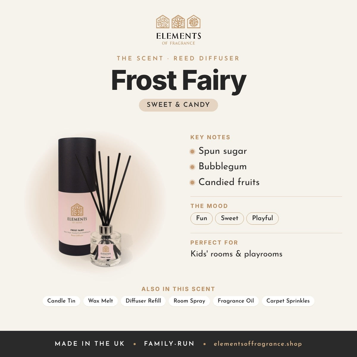 Frost Fairy Reed Diffuser scent profile: sweet & candy with notes of spun sugar, bubblegum, candied fruits
