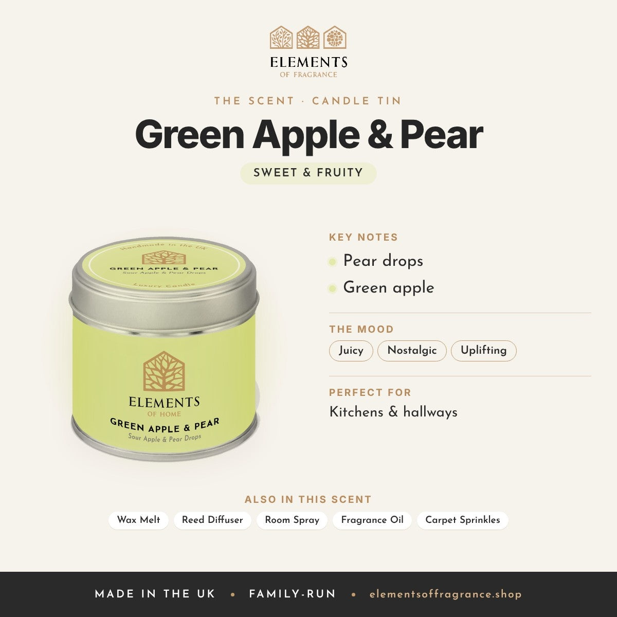 Green Apple & Pear Candle Tin scent profile: sweet & fruity with notes of pear drops, green apple