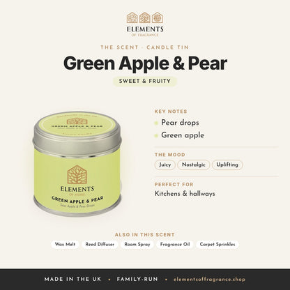Green Apple & Pear Candle Tin scent profile: sweet & fruity with notes of pear drops, green apple