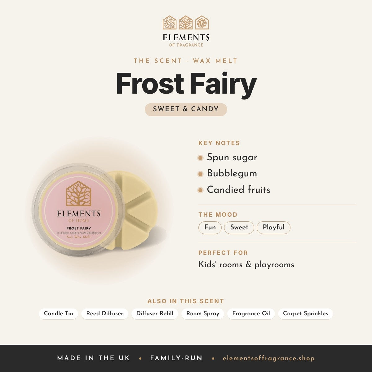 Frost Fairy Wax Melt scent profile: sweet & candy with notes of spun sugar, bubblegum, candied fruits