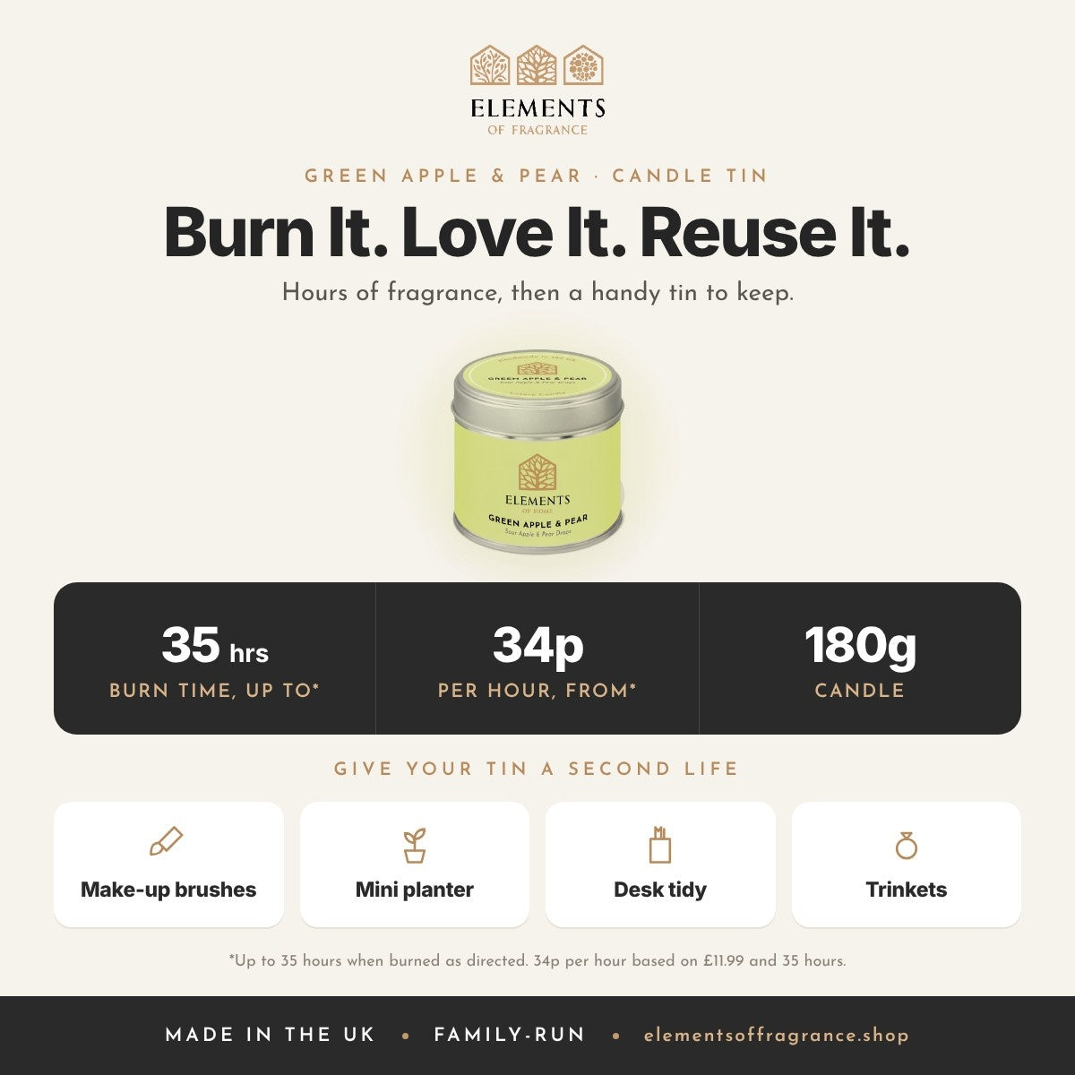 Green Apple & Pear Candle Tin: up to 35 hours burn time, from 34p per hour, reusable tin