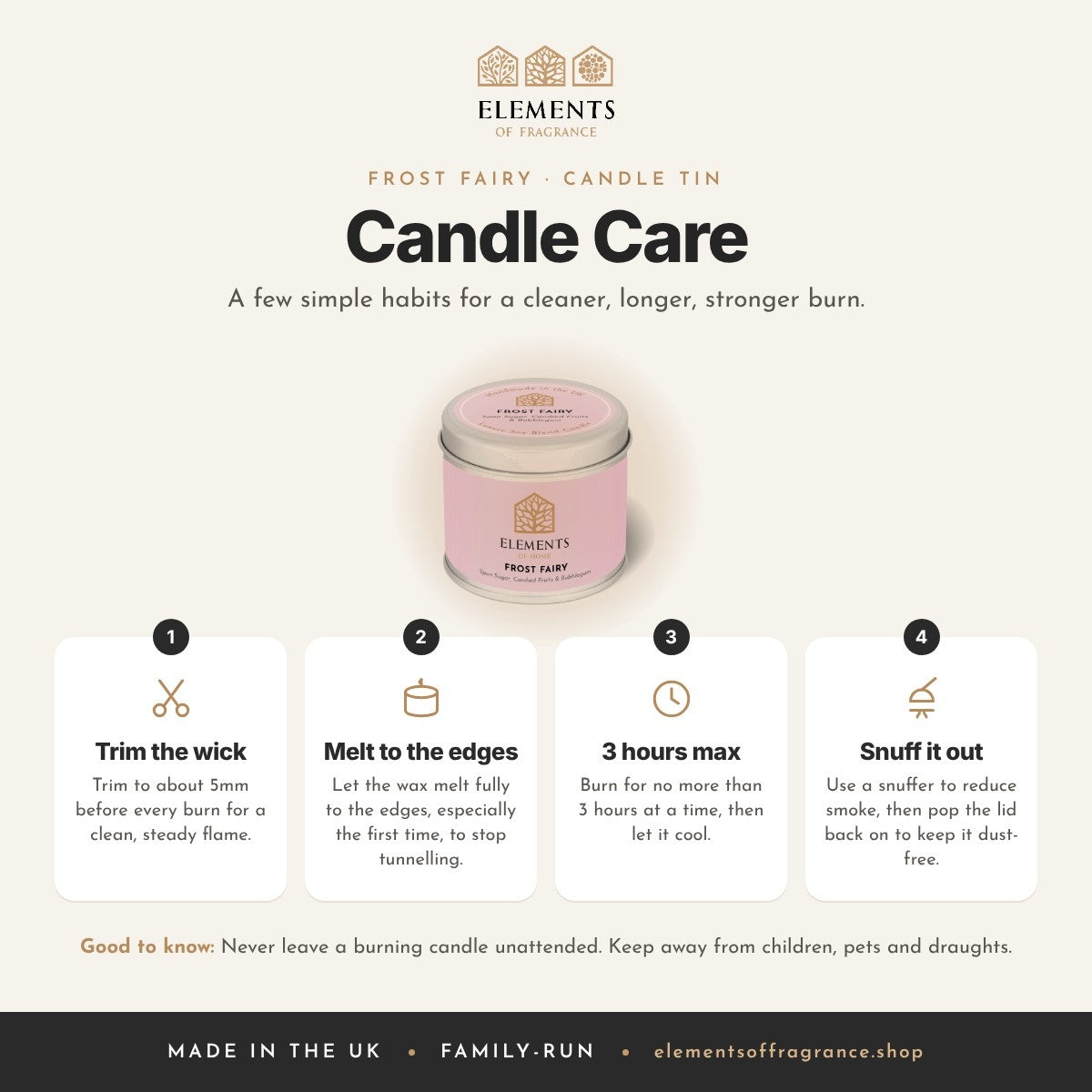 Candle care tips for the Frost Fairy Candle Tin