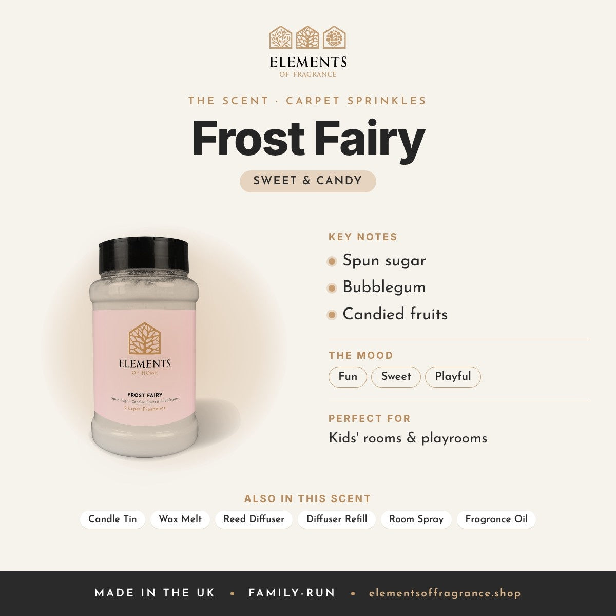 Frost Fairy Carpet Sprinkles scent profile: sweet & candy with notes of spun sugar, bubblegum, candied fruits