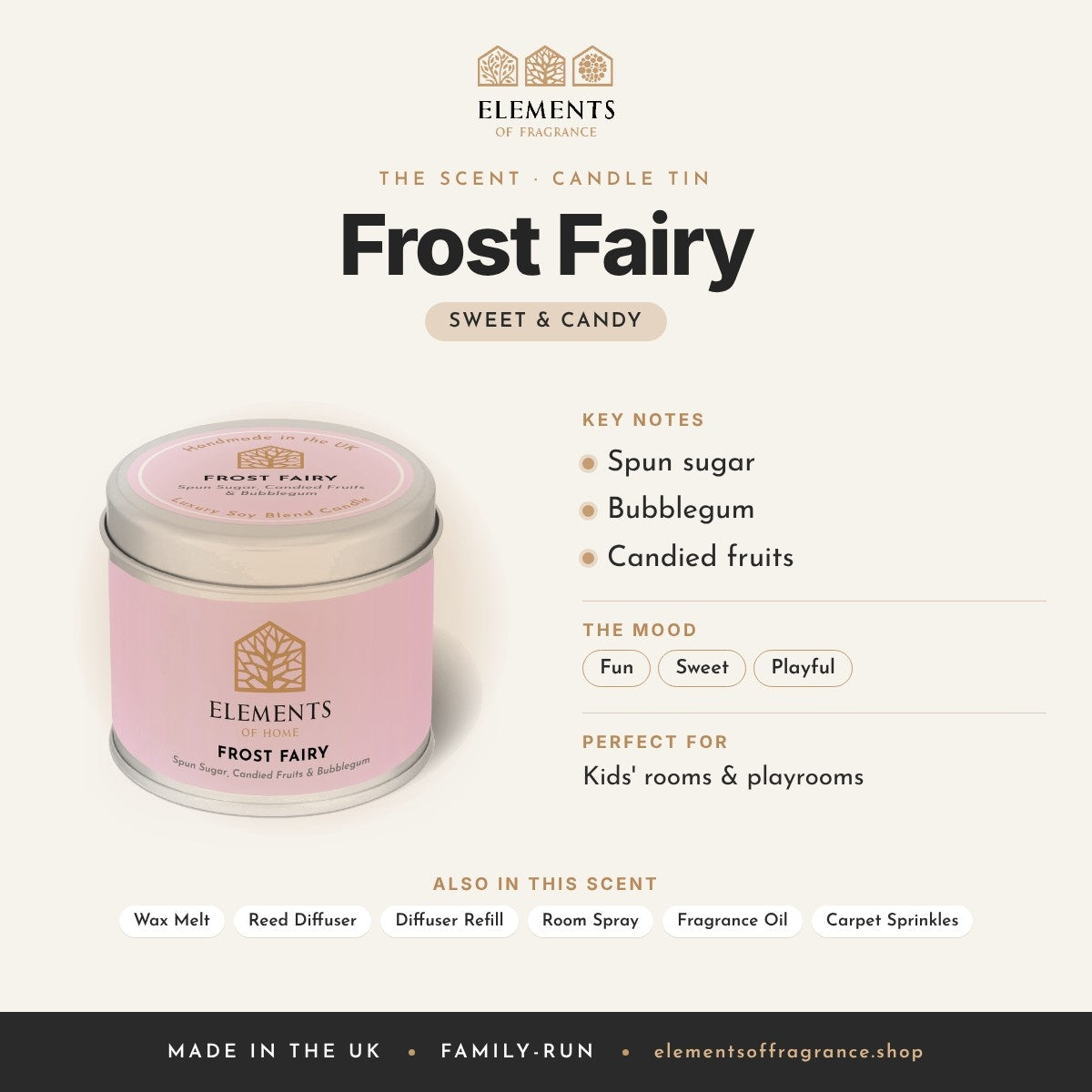 Frost Fairy Candle Tin scent profile: sweet & candy with notes of spun sugar, bubblegum, candied fruits
