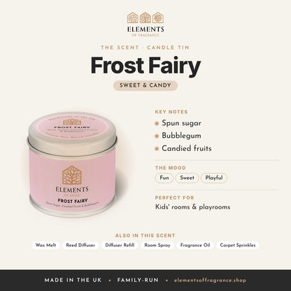 Frost Fairy Candle Tin scent profile: sweet & candy with notes of spun sugar, bubblegum, candied fruits