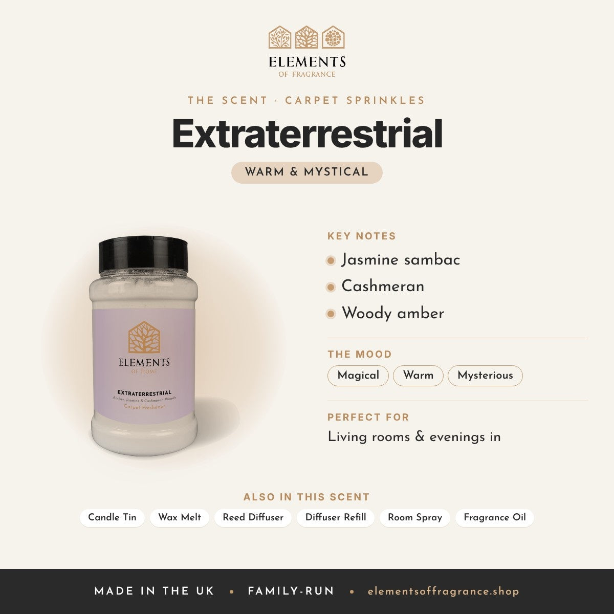Extraterrestrial Carpet Sprinkles scent profile: warm & mystical with notes of jasmine sambac, cashmeran, woody amber