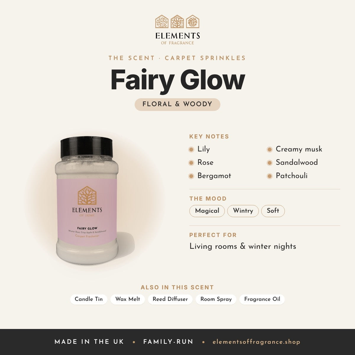 Fairy Glow Carpet Sprinkles scent profile: floral & woody with notes of lily, rose, bergamot, creamy musk, sandalwood, patchouli