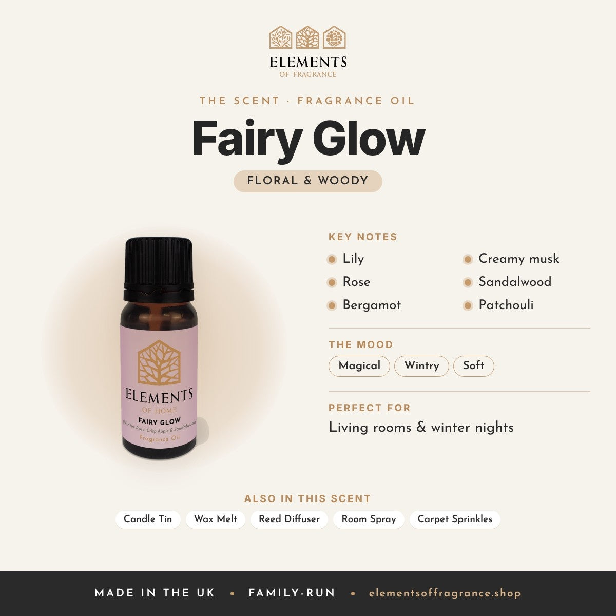 Fairy Glow Fragrance Oil scent profile: floral & woody with notes of lily, rose, bergamot, creamy musk, sandalwood, patchouli