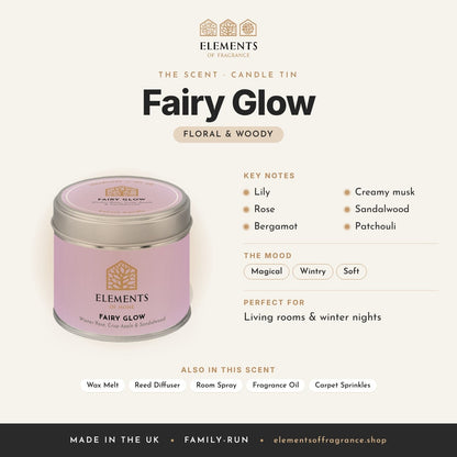 Fairy Glow Candle Tin scent profile: floral & woody with notes of lily, rose, bergamot, creamy musk, sandalwood, patchouli