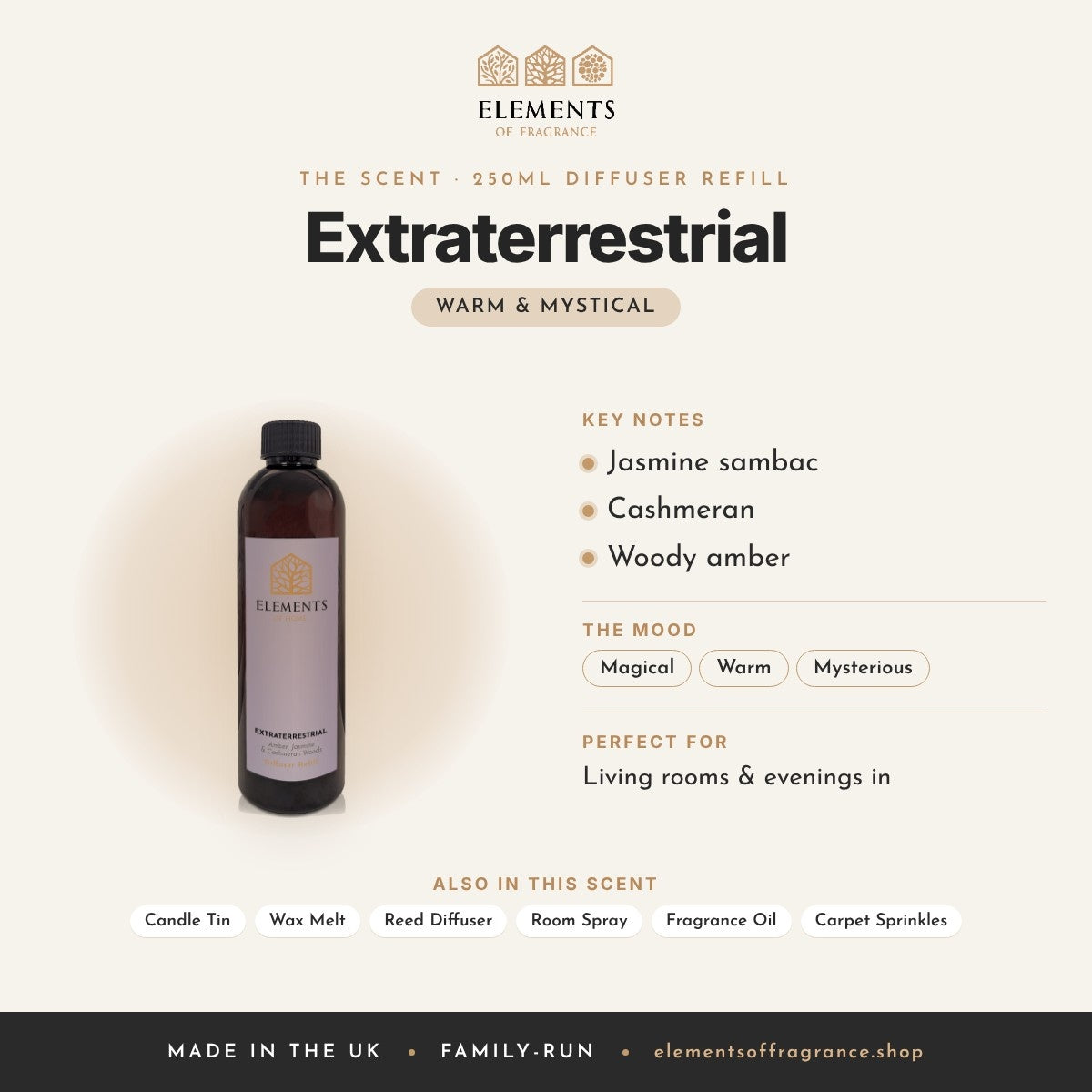 Extraterrestrial 250ml Diffuser Refill scent profile: warm & mystical with notes of jasmine sambac, cashmeran, woody amber