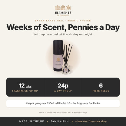 Extraterrestrial Reed Diffuser: up to 12 weeks of fragrance from 24p a day, 6 fibre reeds