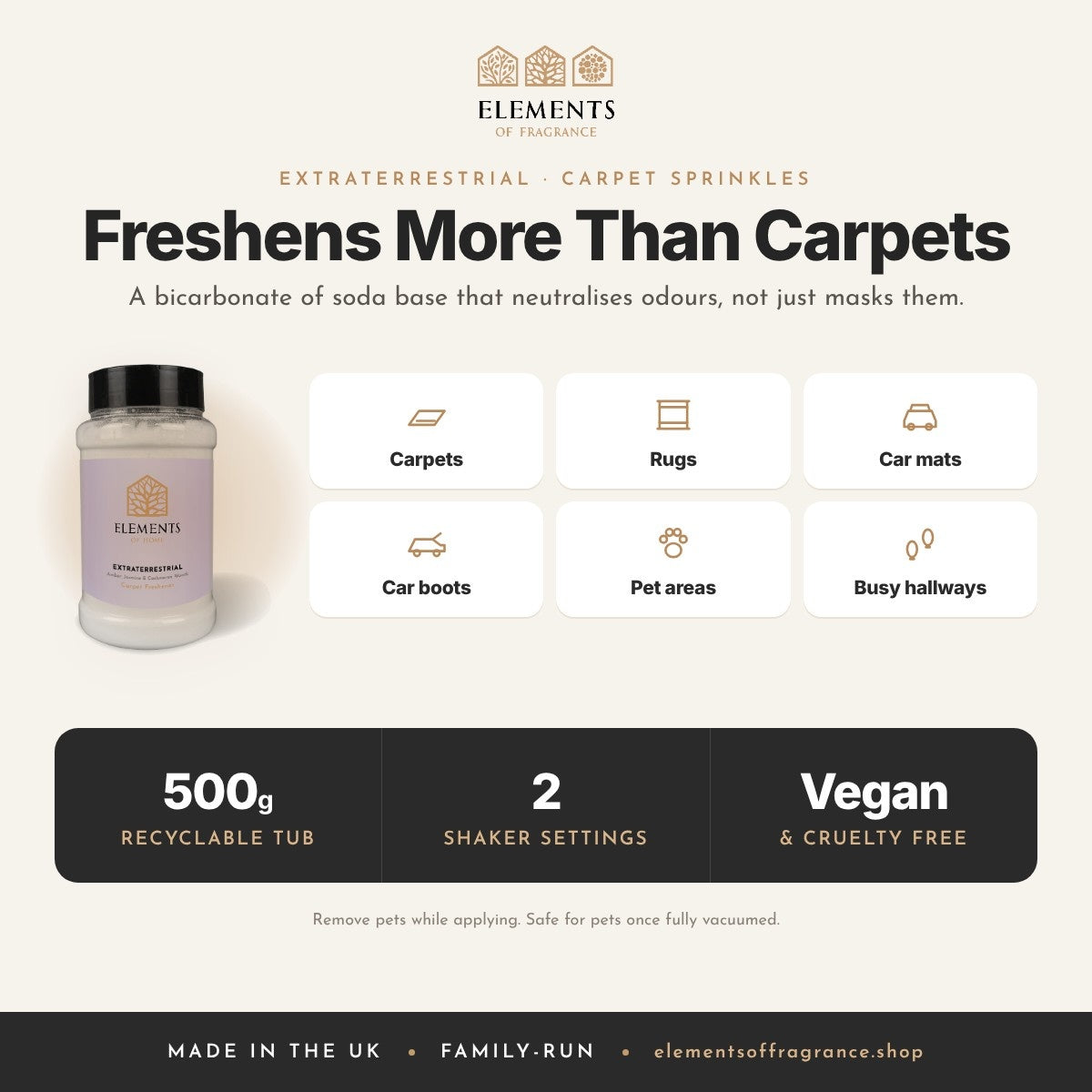Extraterrestrial Carpet Sprinkles: where to use, carpets, rugs, car mats, car boots, pet areas and hallways