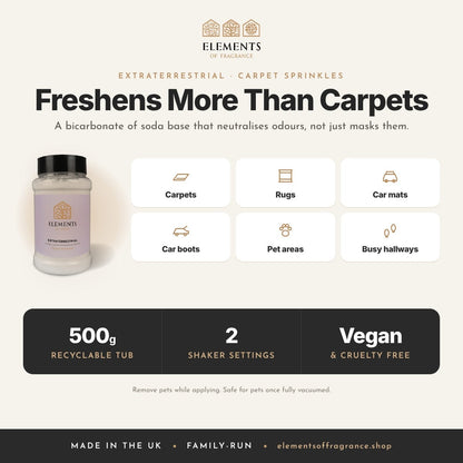 Extraterrestrial Carpet Sprinkles: where to use, carpets, rugs, car mats, car boots, pet areas and hallways