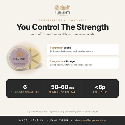 Extraterrestrial Wax Melt: strength guide, 1 segment for subtle, 2 for stronger, up to 50 to 60 hours per bar