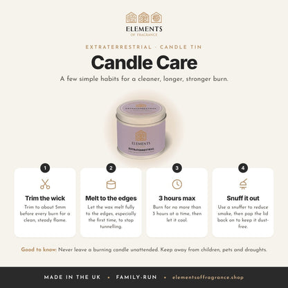 Candle care tips for the Extraterrestrial Candle Tin