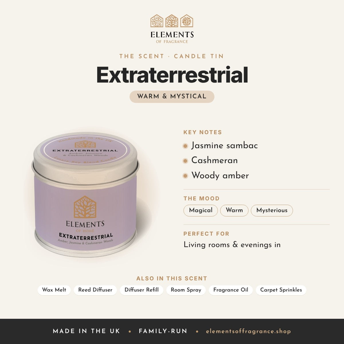 Extraterrestrial Candle Tin scent profile: warm & mystical with notes of jasmine sambac, cashmeran, woody amber