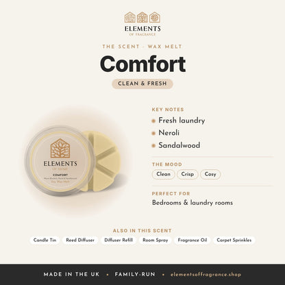 Comfort Wax Melt scent profile: clean & fresh with notes of fresh laundry, neroli, sandalwood