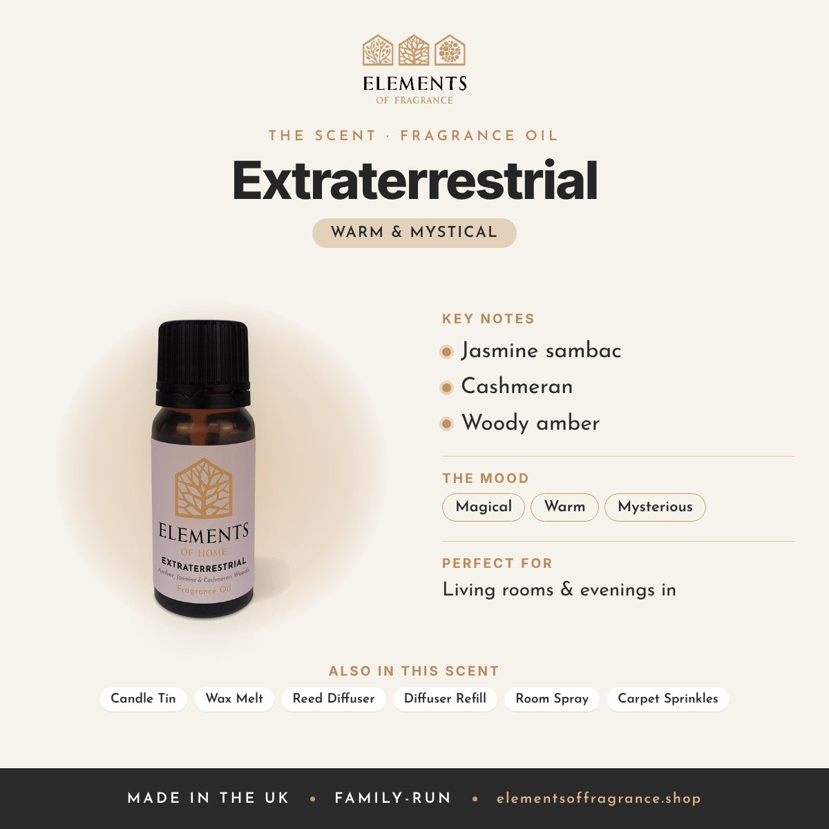 Extraterrestrial Fragrance Oil scent profile: warm & mystical with notes of jasmine sambac, cashmeran, woody amber