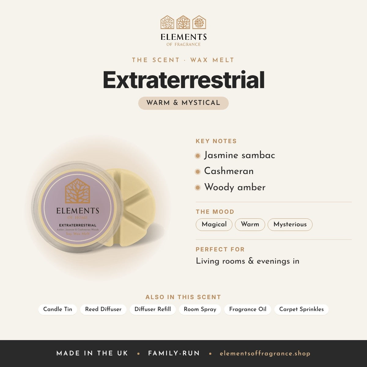 Extraterrestrial Wax Melt scent profile: warm & mystical with notes of jasmine sambac, cashmeran, woody amber