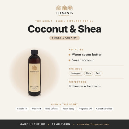 Coconut & Shea 250ml Diffuser Refill scent profile: sweet & creamy with notes of warm cocoa butter, sweet coconut