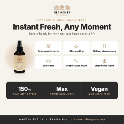 Coconut & Shea Room Spray: when to spray, before guests, after cooking, hallways, bathrooms and more