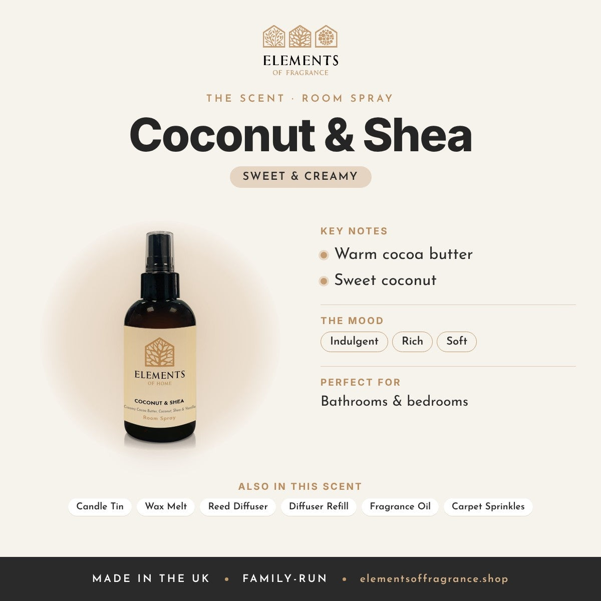 Coconut & Shea Room Spray scent profile: sweet & creamy with notes of warm cocoa butter, sweet coconut