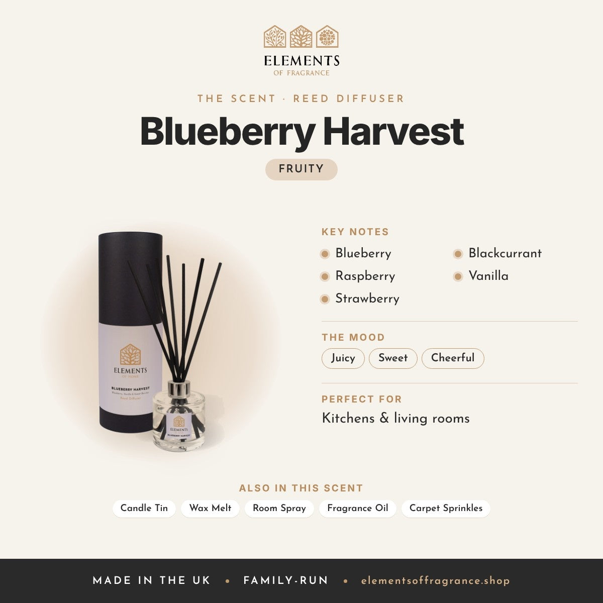 Blueberry Harvest Reed Diffuser scent profile: fruity with notes of blueberry, raspberry, strawberry, blackcurrant, vanilla