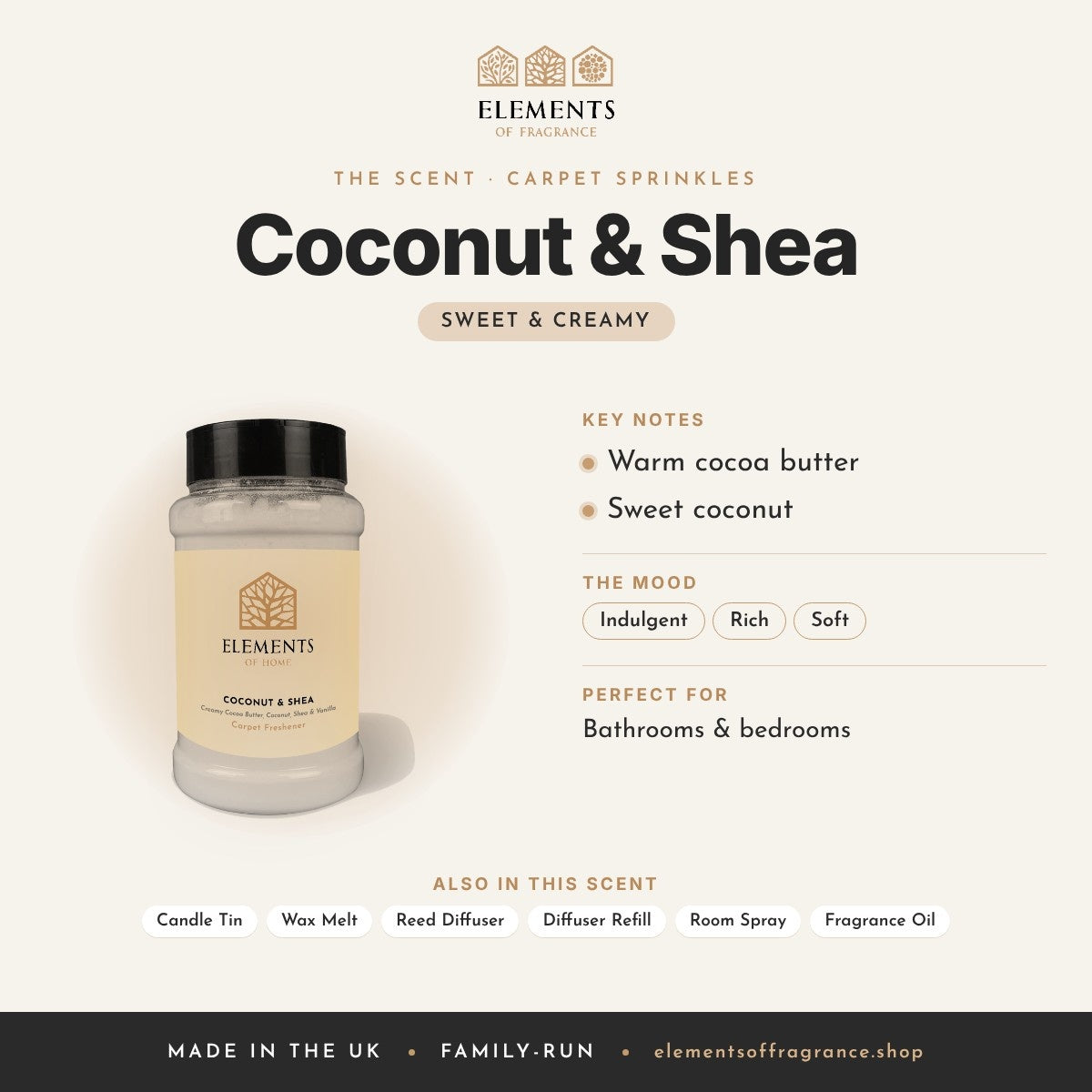 Coconut & Shea Carpet Sprinkles scent profile: sweet & creamy with notes of warm cocoa butter, sweet coconut