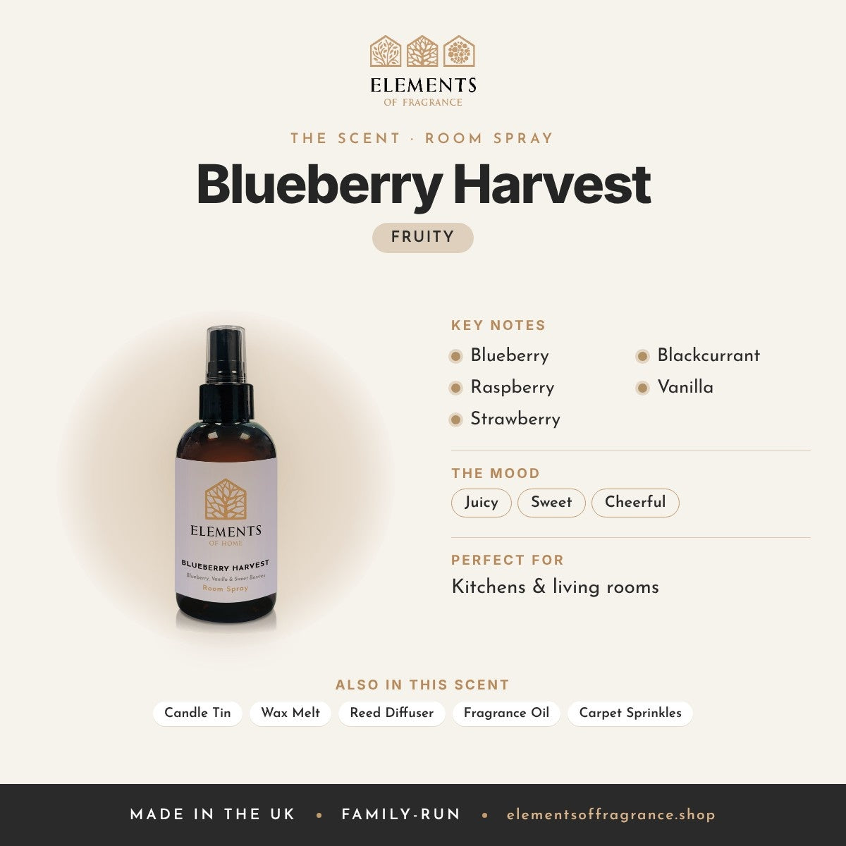 Blueberry Harvest Room Spray scent profile: fruity with notes of blueberry, raspberry, strawberry, blackcurrant, vanilla