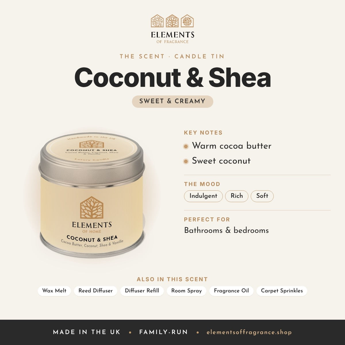 Coconut & Shea Candle Tin scent profile: sweet & creamy with notes of warm cocoa butter, sweet coconut