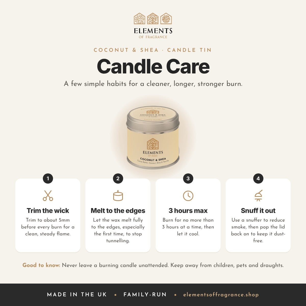 Candle care tips for the Coconut & Shea Candle Tin