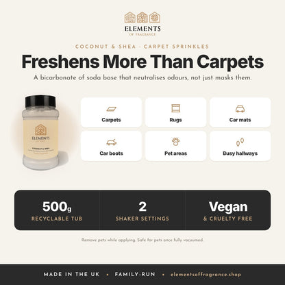 Coconut & Shea Carpet Sprinkles: where to use, carpets, rugs, car mats, car boots, pet areas and hallways