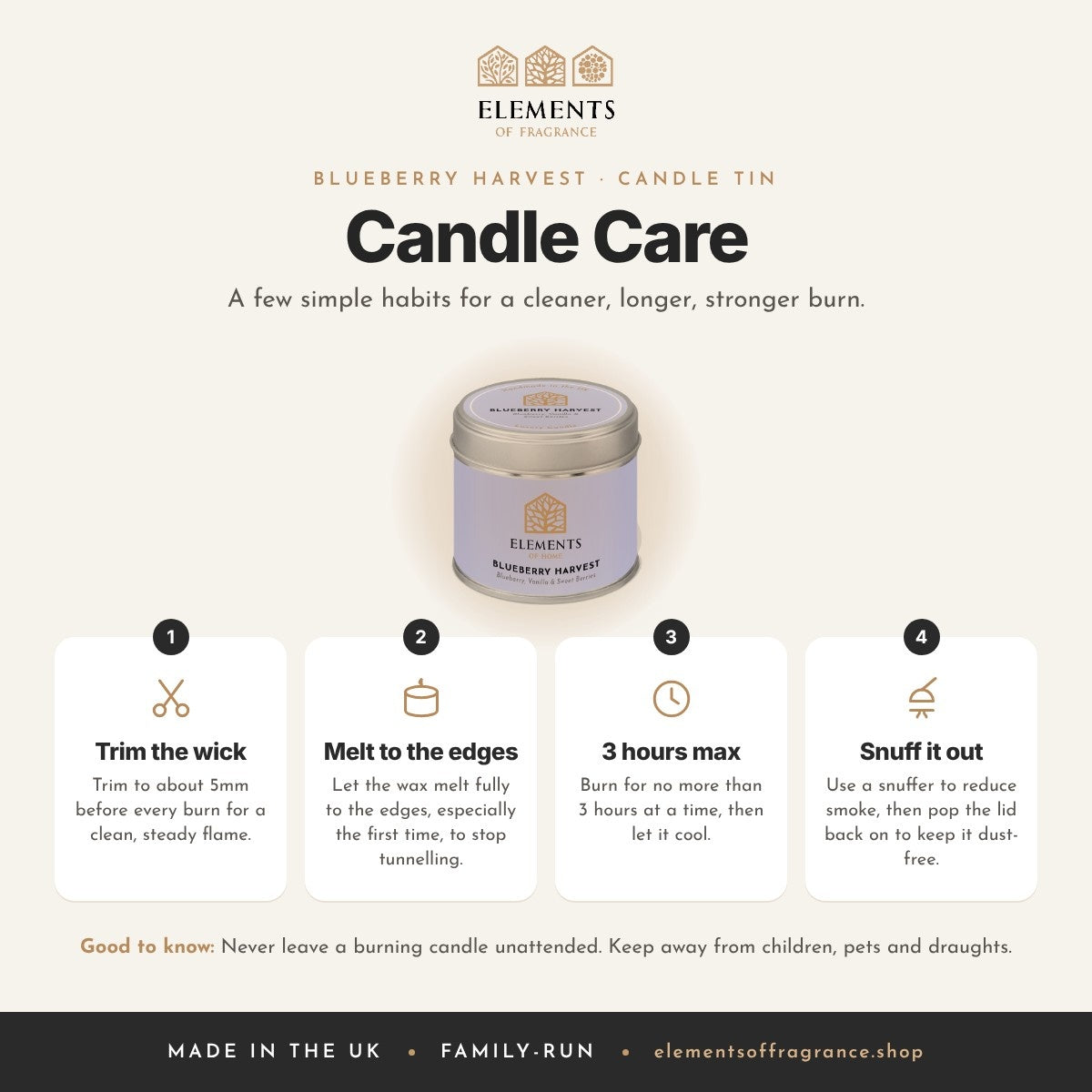 Candle care tips for the Blueberry Harvest Candle Tin
