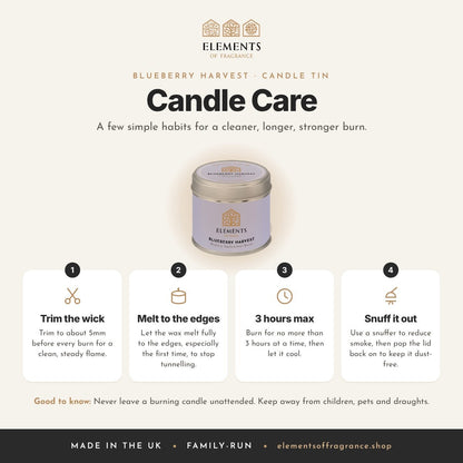 Candle care tips for the Blueberry Harvest Candle Tin