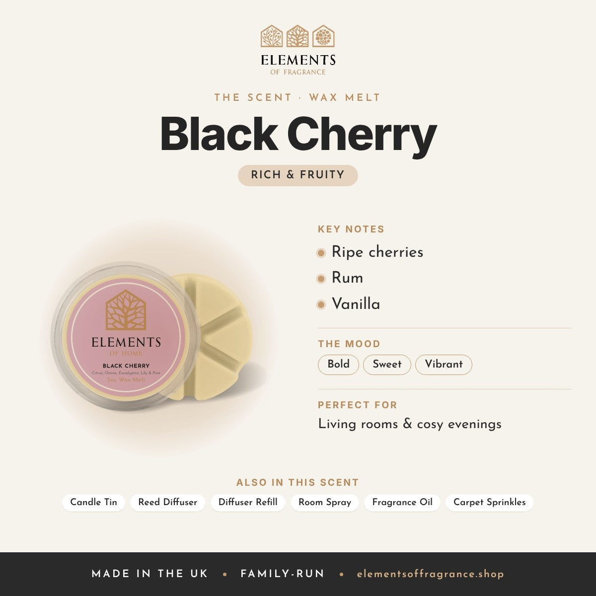 Black Cherry Wax Melt scent profile: rich & fruity with notes of ripe cherries, rum, vanilla