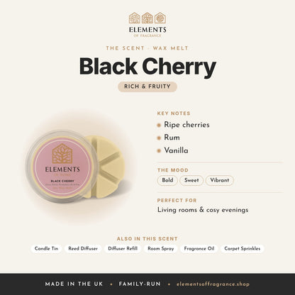 Black Cherry Wax Melt scent profile: rich & fruity with notes of ripe cherries, rum, vanilla