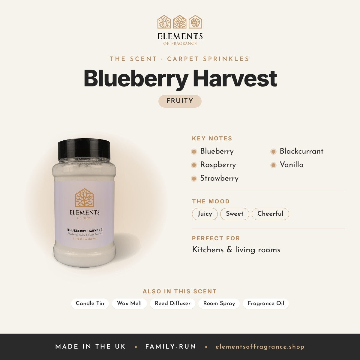 Blueberry Harvest Carpet Sprinkles scent profile: fruity with notes of blueberry, raspberry, strawberry, blackcurrant, vanilla