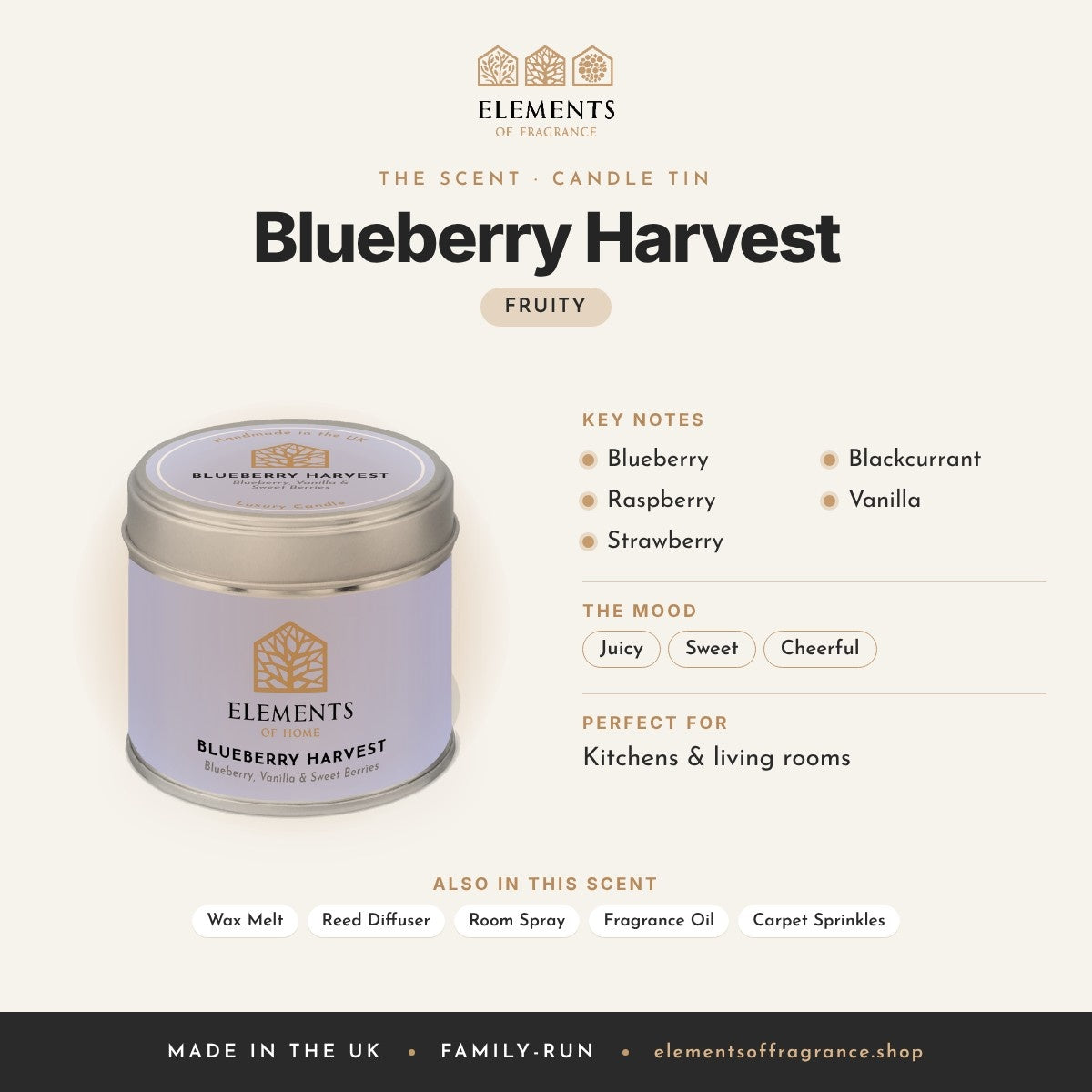 Blueberry Harvest Candle Tin scent profile: fruity with notes of blueberry, raspberry, strawberry, blackcurrant, vanilla