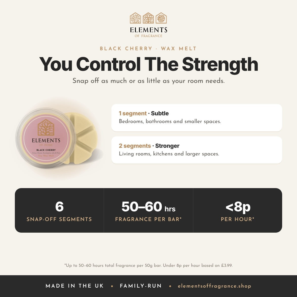 Black Cherry Wax Melt: strength guide, 1 segment for subtle, 2 for stronger, up to 50 to 60 hours per bar