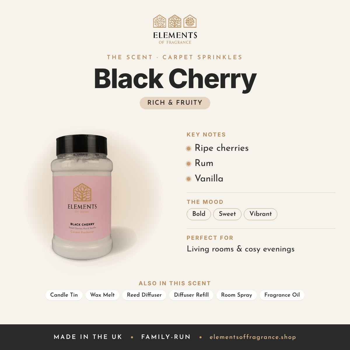 Black Cherry Carpet Sprinkles scent profile: rich & fruity with notes of ripe cherries, rum, vanilla