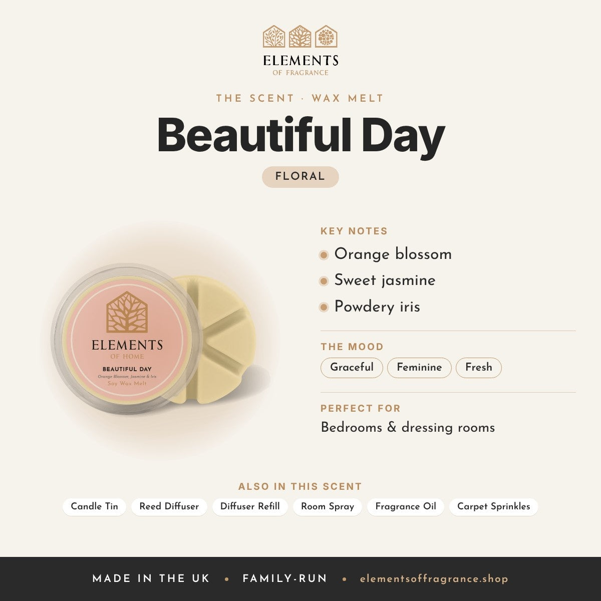 Beautiful Day Wax Melt scent profile: floral with notes of orange blossom, sweet jasmine, powdery iris