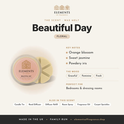 Beautiful Day Wax Melt scent profile: floral with notes of orange blossom, sweet jasmine, powdery iris